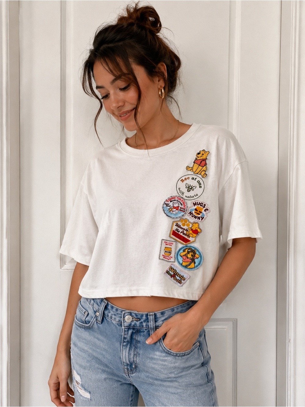 Disney Winnie the Pooh Graphic Patch Boxy Crop Tee Juniors XXL